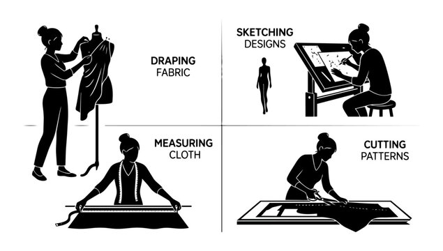 Fashion design workflow showing measuring cutting and sketching illustrated in clean silhouette line illustration style for garment production visuals and creative process reference