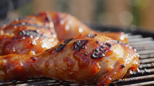 Close-up of sizzling marinated chicken legs grilling over open flame with