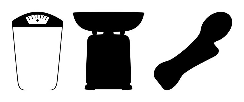 Bathroom scale set with black silhouette on white background featuring fitness, health, measurement with scale and weight