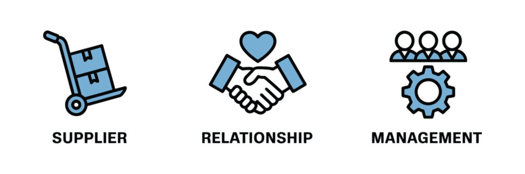 Supplier relationship management SRM icons in blue line art