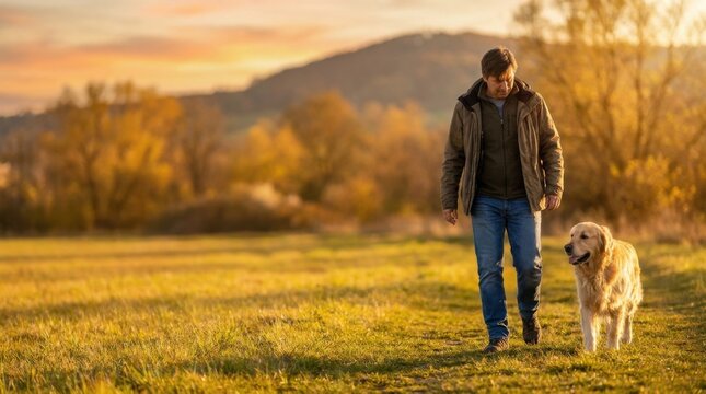 Man enjoying a leisurely walk with his beloved dog on a sunny day in a beautiful outdoor environment