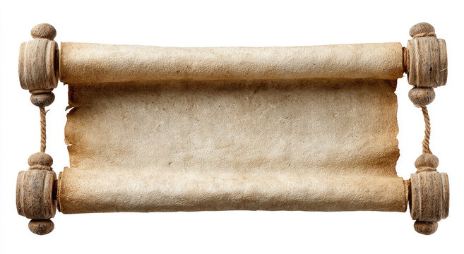 Aged parchment scroll with ornate wooden rollers and twine, isolated on white