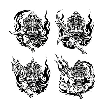 Set of four fierce mythical demon heads with weapons.