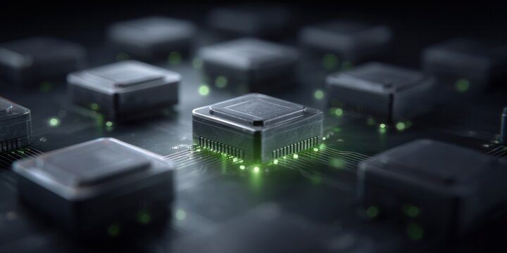 Close up of semiconductor processors connected across a dark circuit surface, representing AI compute clusters, cloud acceleration, server scale performance, and advanced datacenter hardware