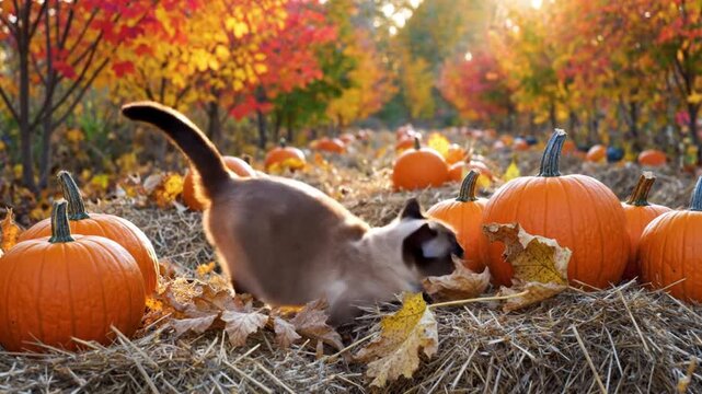 Siamese Cat Playing Among Ripe Pumpkins and Golden Fallen Leaves in a Sunny Autumn Orchard During the Harvest Season for Seasonal Celebration