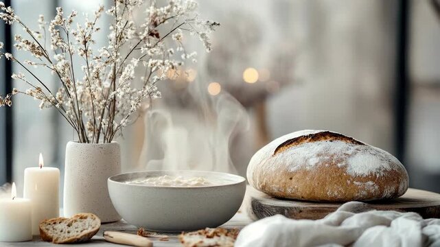 Steaming oatmeal, warm breakfast food, rustic sourdough bread, fresh baked artisan loaf, natural dried botanical bouquet, soft lit wax candle, cozy morning dining table, wholesome homemade nutrition.