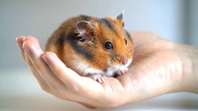 Hamster resting comfortably in a hand, showcasing its fur patterns and small features, with a soft background emphasizing the pet's adorable presence and gentle nature