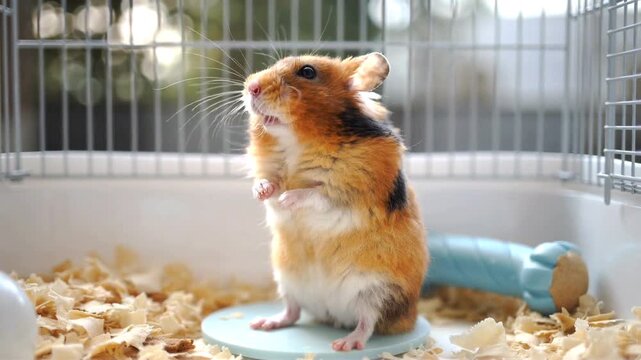 Hamster standing on a blue platform inside a cage, surrounded by wood shavings, with a soft focus background of a sunny environment and a blue chew toy visible
