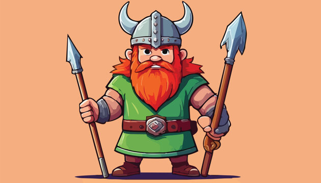 Cartoon Viking Warrior with Spears and Horned Helmet.