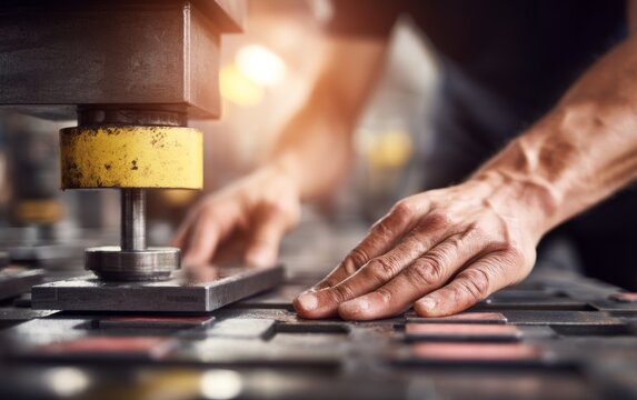 Male Hands Pressing Heavy-Duty Control Buttons in Industrial Setting