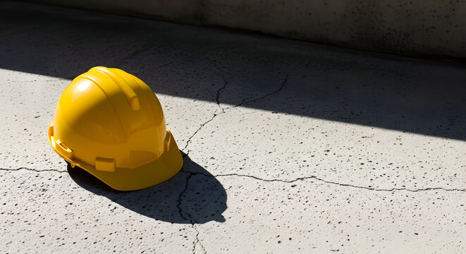 A bright yellow hard hat rests on cracked concrete illuminated by strong sunlight and shadows