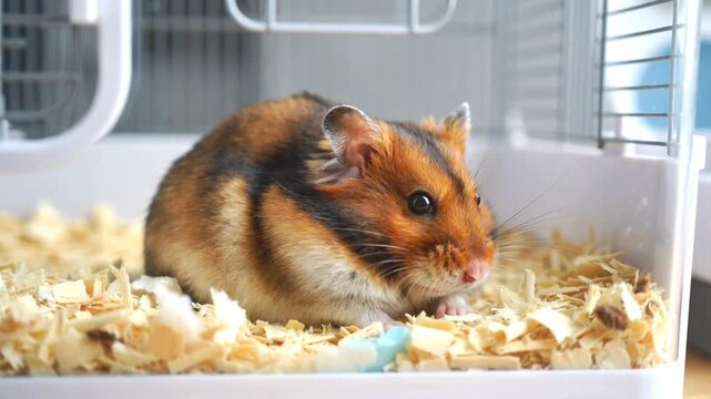 Hamster with orange and black fur sits in a small cage filled with wood shavings, exploring its environment with curiosity and visible engagement in a cozy habitat