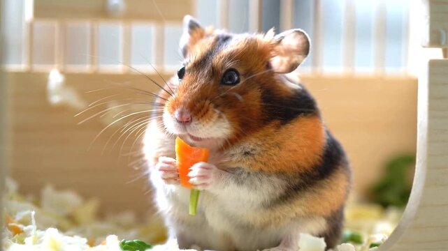 Hamster with orange carrot piece in paws munches on fresh vegetable inside wooden cage, surrounded by bedding and soft light filtering through bars