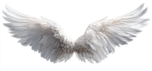 Obraz premium Two majestic white feathered wings spread wide on a pure white background