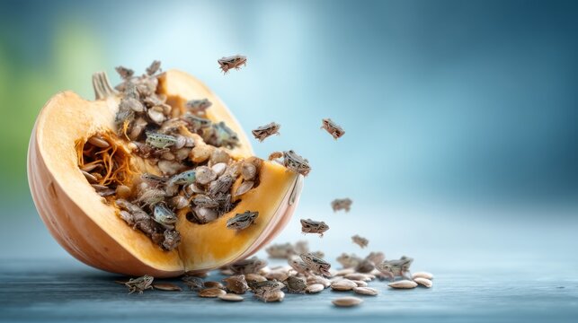 Open Pumpkin Overflowing with Seeds and Pulp Surrounded by a Cluster of Seeds