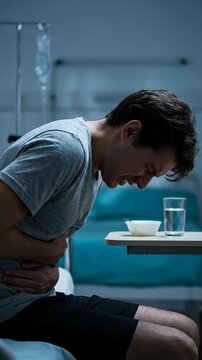 Young man experiencing intense abdominal pain, suffering from acute pancreatitis, hospitalized for severe digestive disorder, urgent medical care
