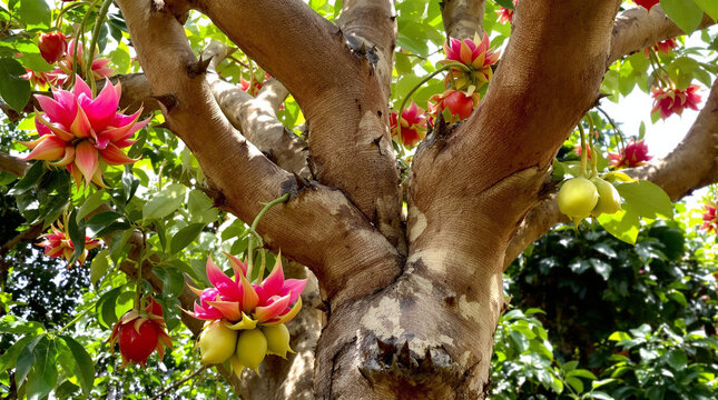 Dragon fruit is bearing fruit on a large tree