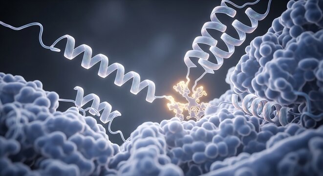 Microscopic view of protein structures and alpha helices in a biological setting.