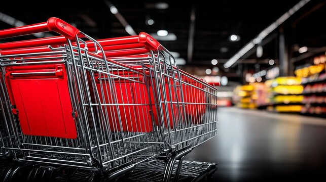 Shopping Carts Nested Together in a Supermarket Aisle with Products Around
