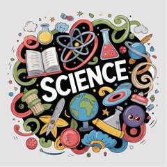 Fototapeta premium Colorful hand-drawn science illustration with educational icons and ty