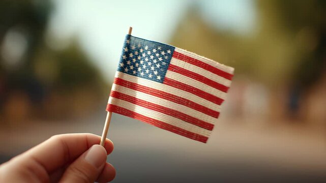 Small American flag held by hand waving outdoors symbolizes independence day patriotic celebration with stars stripes fabric freedom bright background
