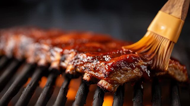 Barbecue pork ribs grilled with smoky sauce brush on hot grill flame outdoor cooking meat rich texture independence day celebration