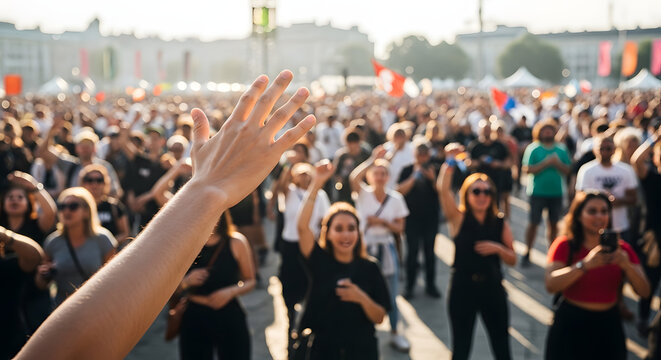 Energetic crowd at outdoor music festival with hands raised enjoying live performance