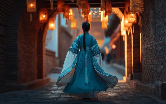 Woman in Layered Hanfu Attire Walking Slowly Through Lantern-Lit Pathway