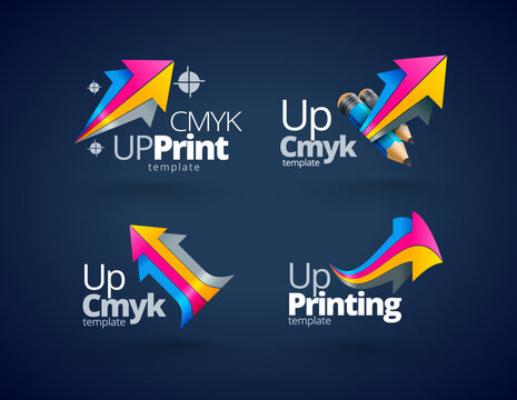 Set logos Printing theme. Arrows Cmyk Colors. Template design vector. Black background