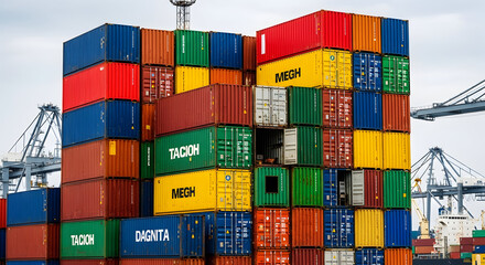 Fototapeta premium A vibrant stack of colorful shipping containers at a busy port or industrial area high quality
