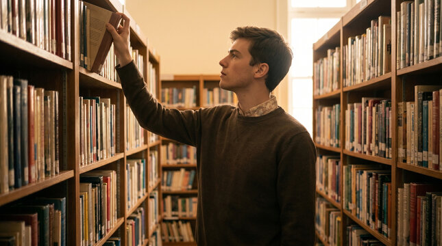 Young man in brown sweater reaching for a book on a shelf in a library, surrounded by rows of books, for education and academic content, research and self-development concepts, university materials