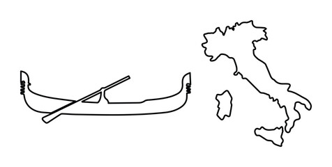 Minimalist Italian map and gondola boat vector icons, black line art of Italy silhouette and traditional Venetian rowing boat, travel symbols © Farah-Studio
