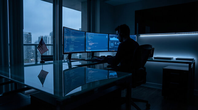 Dark modern workspace featuring a silhouette of a person working at a glass desk with dual monitors and an American flag in the background, for software development and IT careers content