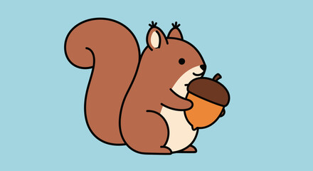 Adorable cartoon squirrel holding an acorn in its paws, depicted on a light blue background. © AHMAD KHOIRI