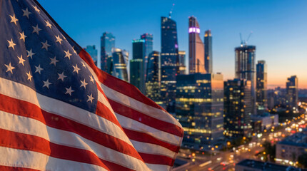 Naklejka premium American flag waving in the foreground with a vibrant city skyline at dusk, showcasing illuminated skyscrapers, for patriotic content, political and economic themes, city and infrastructure visuals