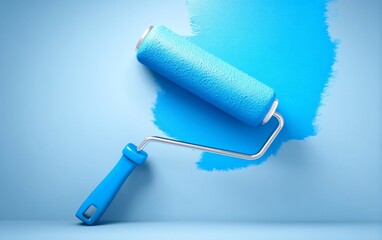 Obraz premium Blue Paint Roller Applying Thick Stripe of Color on Smooth Wall Surface