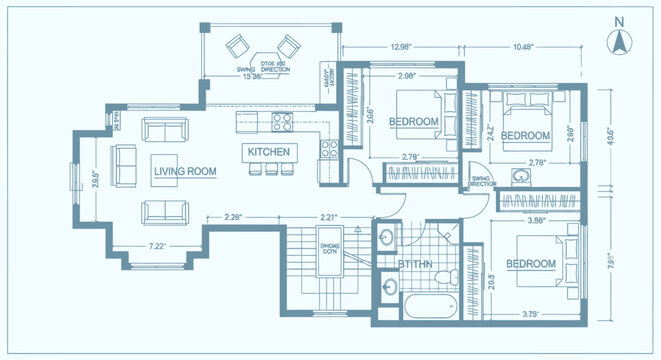 A technical architectural drawing and 3d blueprint sketch of a modern home project detailing the interior room structure and engineering design for residential construction on paper