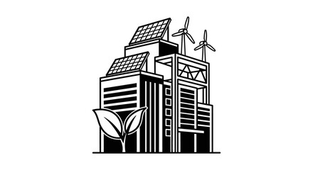 Naklejka premium Eco-Friendly Sustainable Building with Solar Panels and Wind Turbines Icon