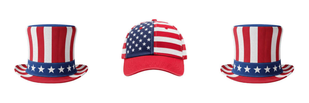 American Flag Pattern Baseball Cap Isolated On Transparent Background High Quality PNG Set.