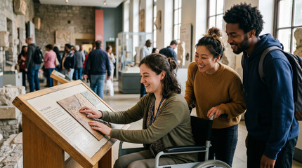 Woman in a wheelchair touching a tactile map in a museum, for editorial and accessibility concepts © Iryna