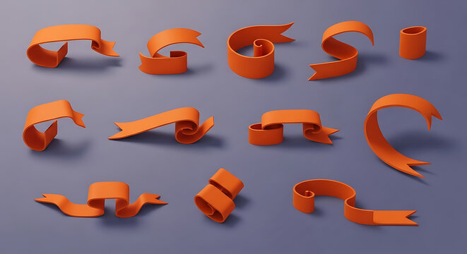 Orange ribbons and banners in various shapes and sizes on gray background transparent background
