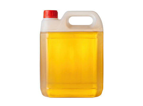Large plastic jerrycan filled with yellow liquid red cap white handle isolated jerrycan container gasoline transport industry chemical