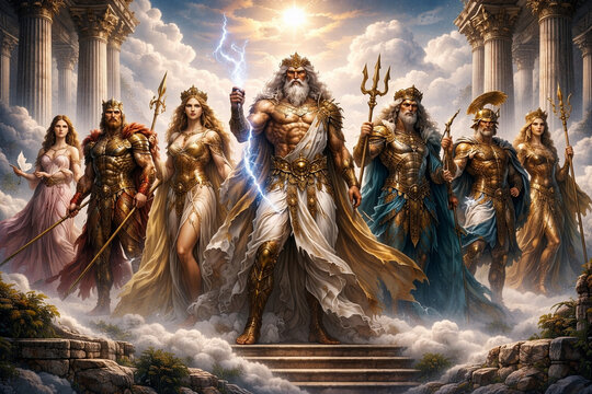 Greek pantheon of Olympian gods in celestial temple