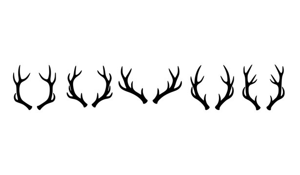 Elk antlers silhouettes vector set with different deer horn shapes in flat black minimal style isolated on white background