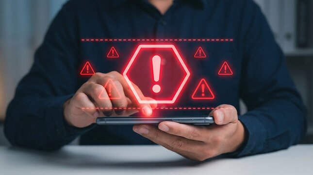 A person holds a smartphone, with a critical red exclamation mark and multiple warning triangles glowing above it, indicating a digital security threat or system error.