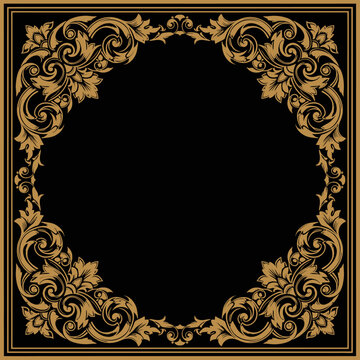 Elegant Gold Baroque Floral Frame on Black Background