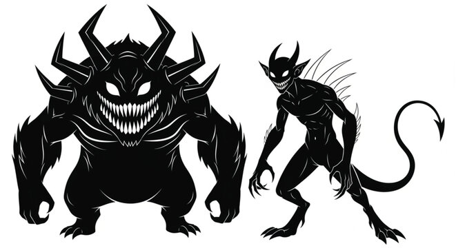 Black devil monsters, evil creatures, fantasy beasts, vector illustrations, dark characters
