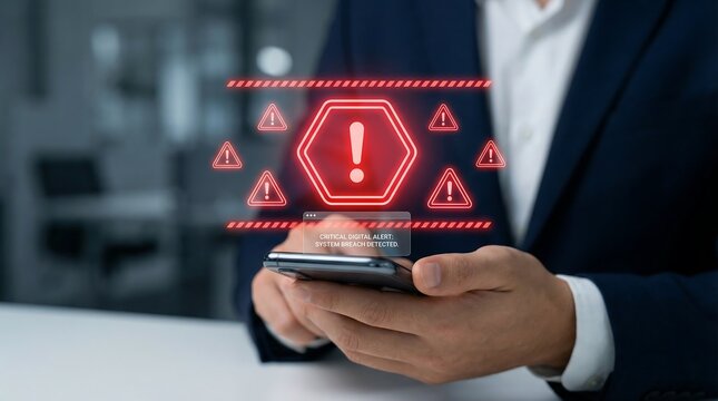 A focused individual holds a smartphone displaying prominent red holographic warning symbol, surrounded by multiple caution icons, signifying a critical system error, data breach, or security alert.