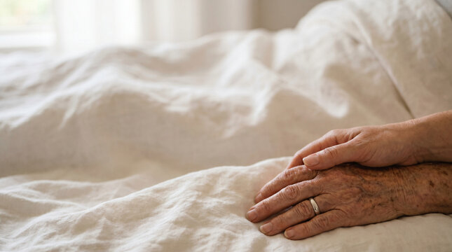 Close-up of Young Caregiver Holding Hand of Elderly Senior Patient in Hospital Bed, Hospice Care, Emotional Support, Empathy and Compassion for Aging Family Members, Palliative Healthcare Scene Mother