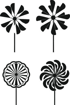 Pinwheel collection wind spinner toy icons isolated on transparent background, garden decoration and outdoor play symbol set